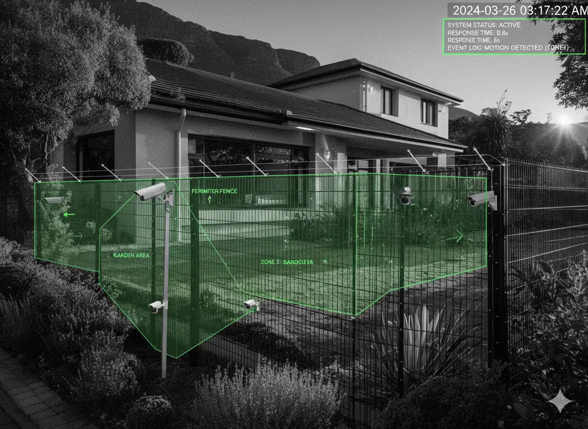 Security camera monitoring clearview fencing perimeter showing visibility and surveillance capabilities for intruder detection